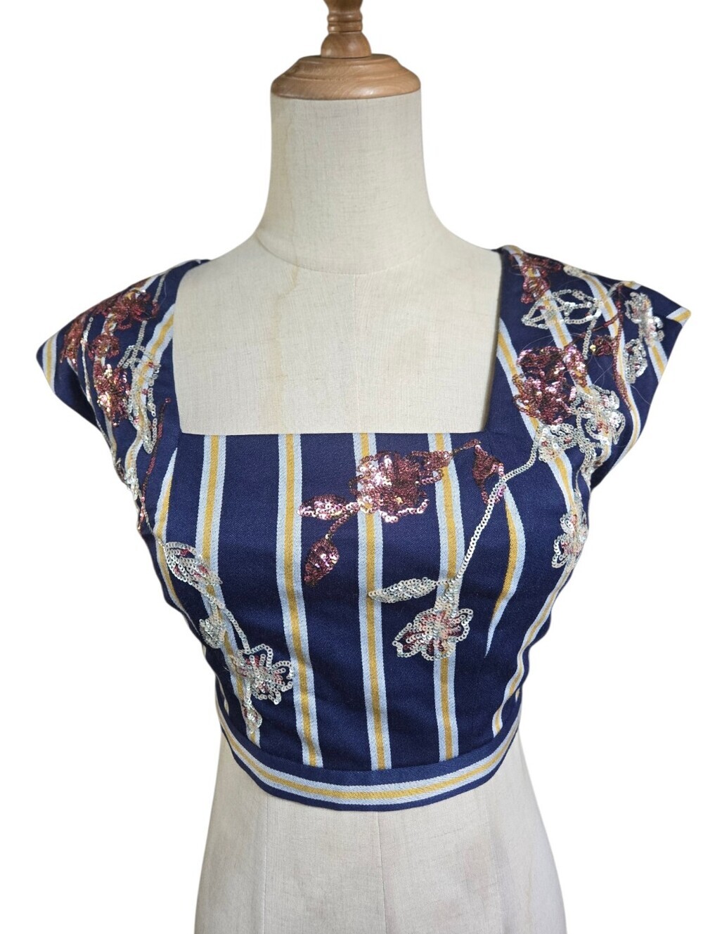 BCBGMaxAzria Navy Striped Y2K Cropped Sequin Embellished Blouse NWT